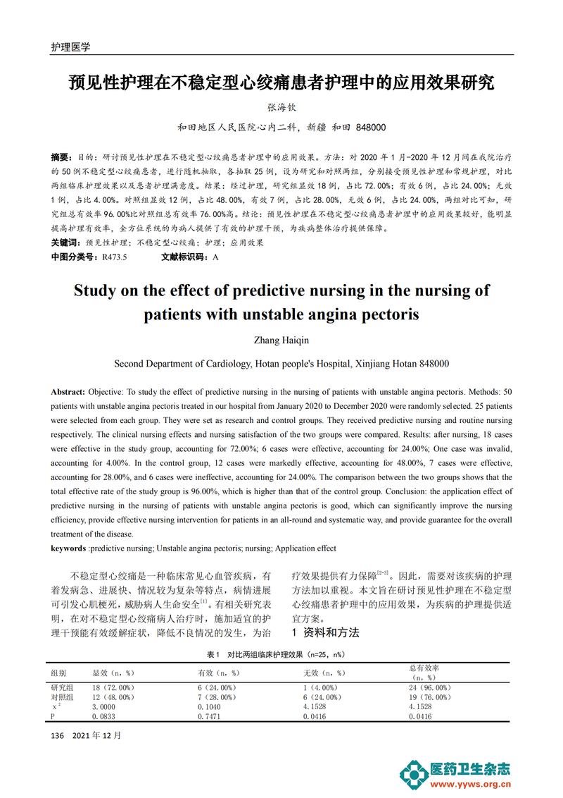 预见性护理在60例不稳定型心绞痛患者护理中的效果分析